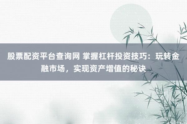 股票配资平台查询网 掌握杠杆投资技巧：玩转金融市场，实现资产增值的秘诀